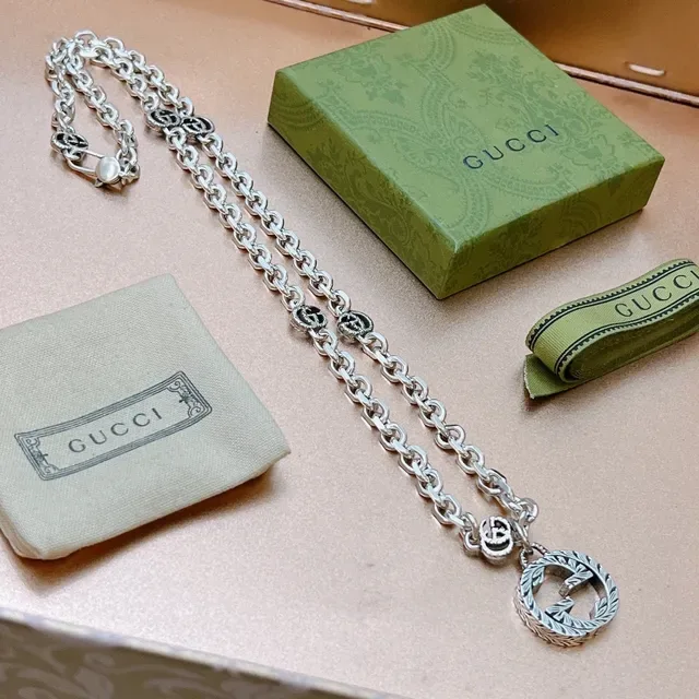 Gucci Silver Green Chunky Curb Chain Necklace 7