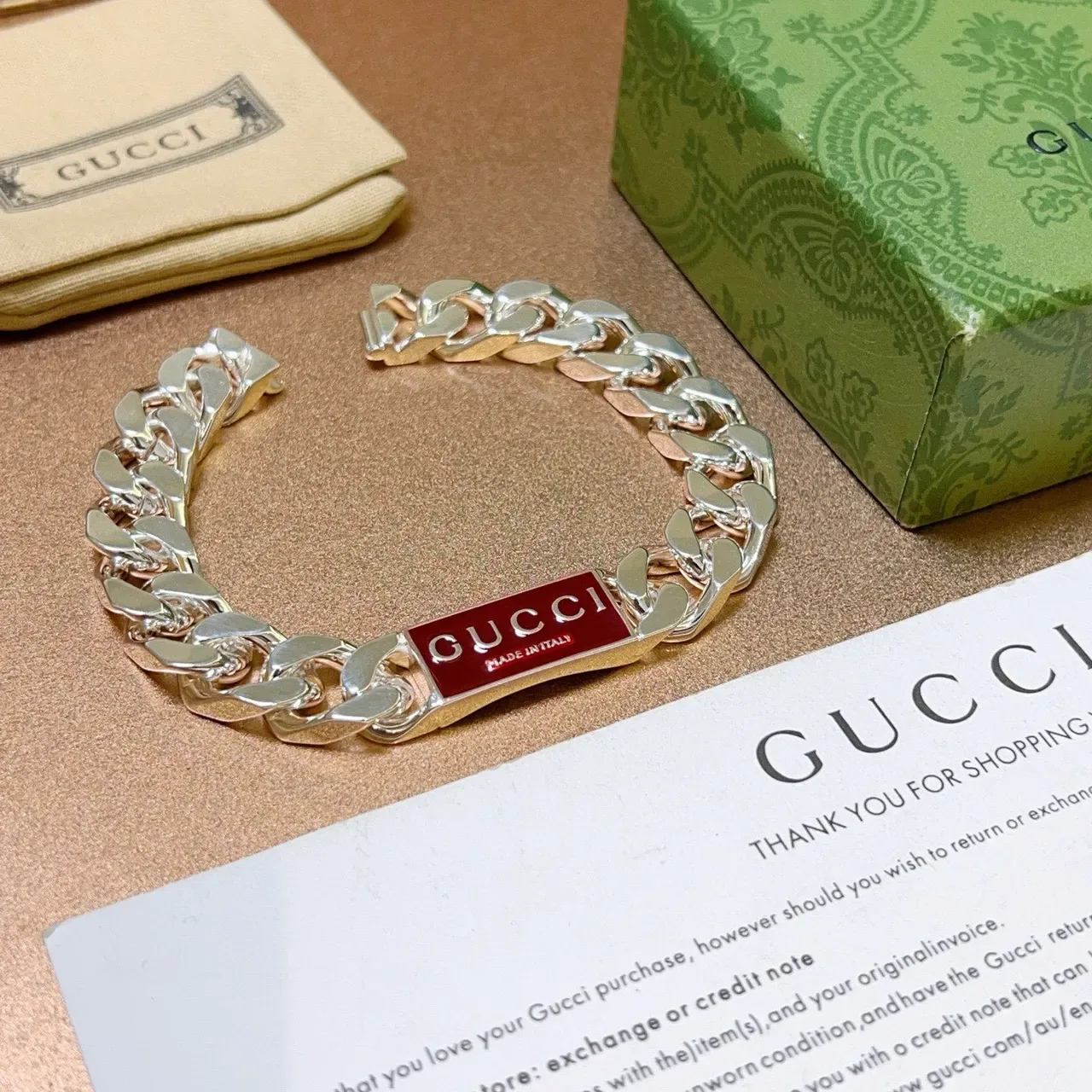 Gucci Silver Red Curb-Link Chain Polished Bracelet 3