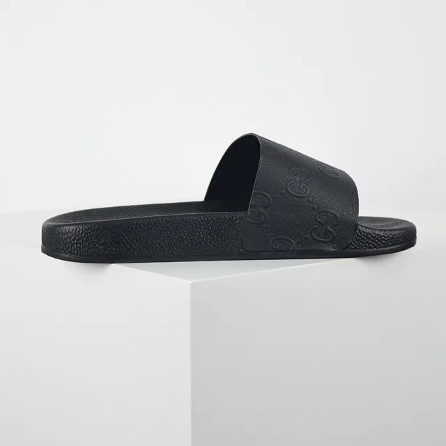 Gucci Slide Black Monogram-Embossed Strap Slippers 7