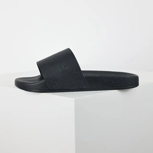 Gucci Slide Black Monogram-Embossed Strap Slippers 9