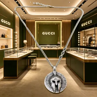 Gucci স্পার্টান হেলমেট পেন্ডেন্ট Interlocking G-Link চেইন নেকলেস