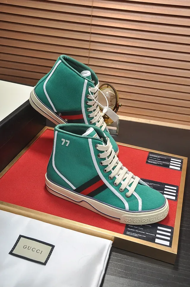 Gucci Tennis 1977 أخضر كانفاس عالي القمة لايف ستايل حذاء رياضي 5