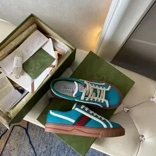 Gucci Tennis 1977 Azul Turquesa Rayas Web Estilo de Vida Zapatillas