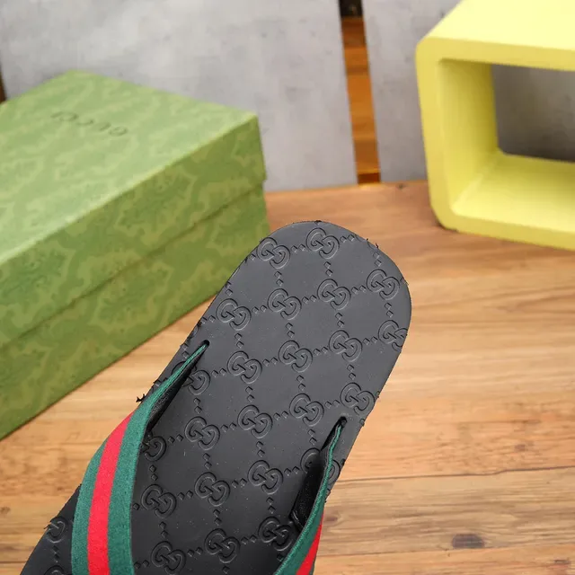 Gucci Web Stripe Black Green GG-Embossed Rubber Sole Strap Slippers 6