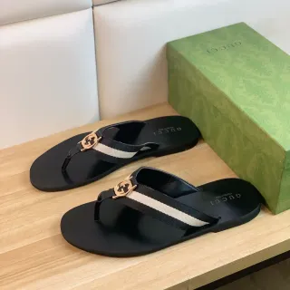 Gucci Web Stripe Flip Flop Black Beige Thong Strap Casual Sandals