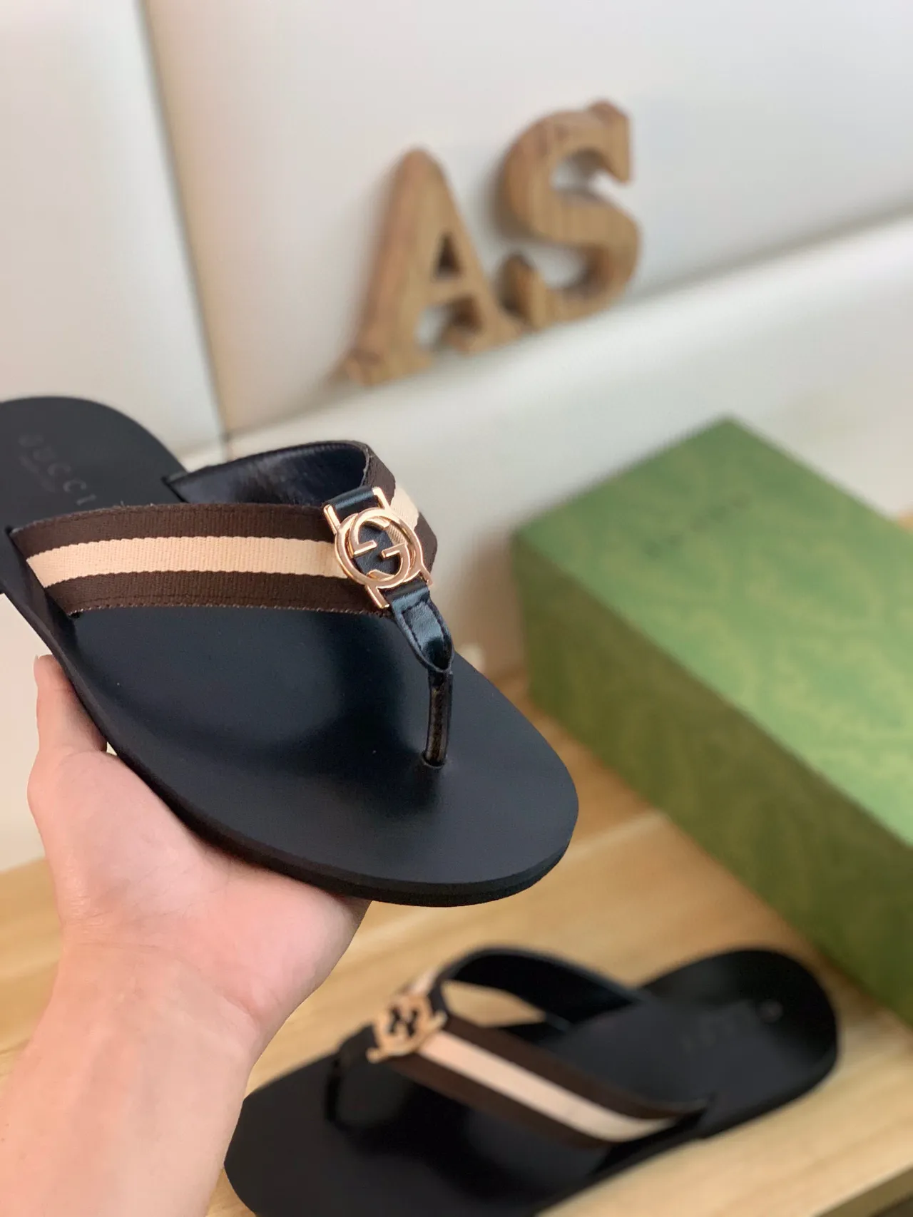 Gucci Web Stripe Flip Flop Black Brown Beige Slippers 5