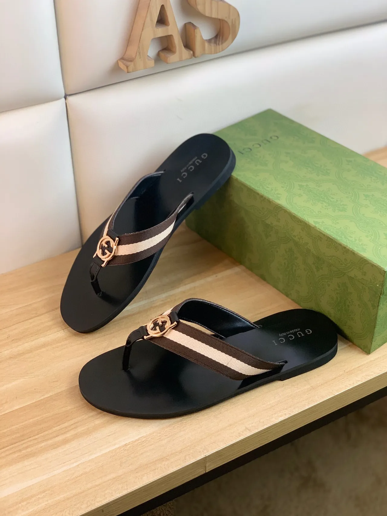 Gucci Web Stripe Flip Flop Black Brown Beige Slippers 8