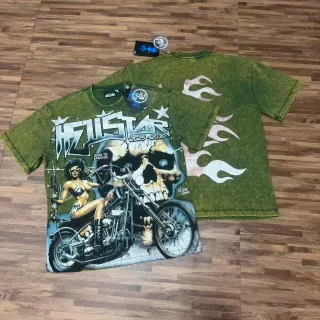 Hellstar Acid-Wash Olive Green Graphic Skull Motorcycle T-Shirt