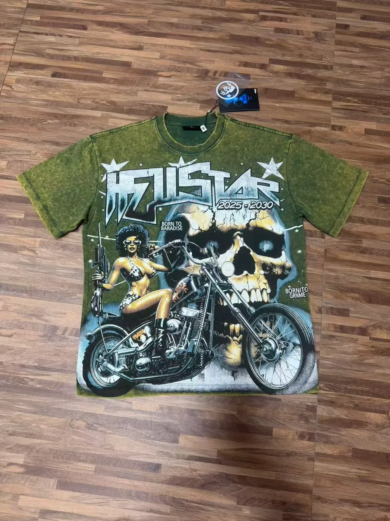 T-shirt moto Hellstar vert olive à lavage acide motif graphique tête de mort 2
