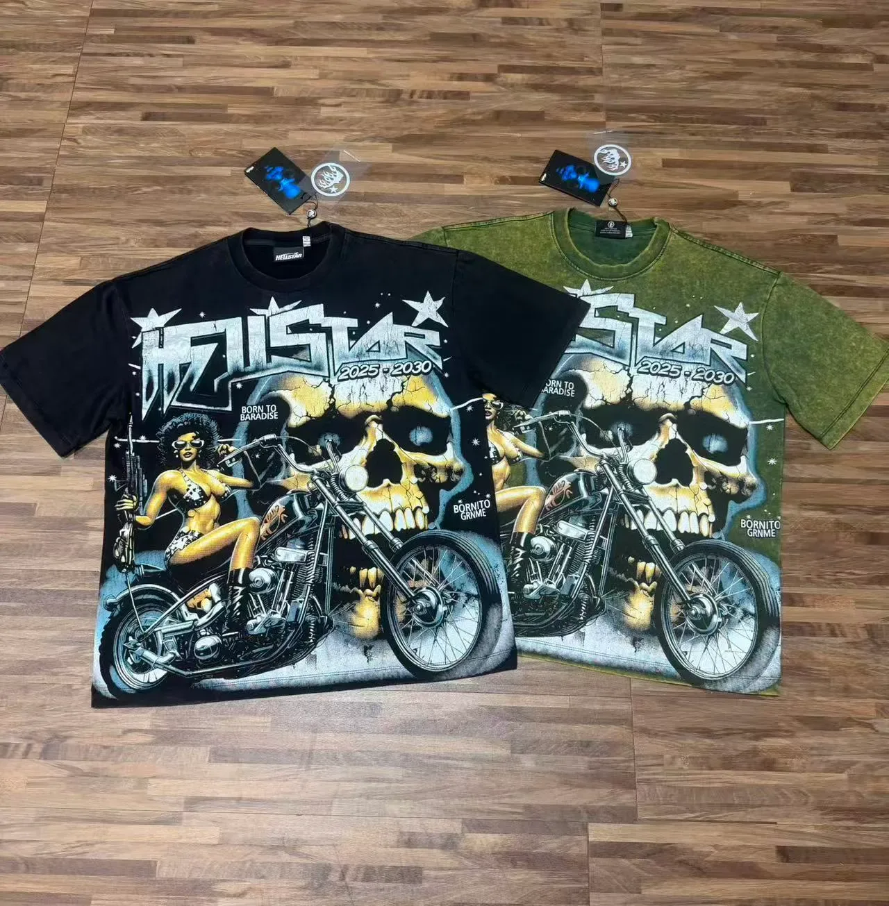T-shirt moto Hellstar vert olive à lavage acide motif graphique tête de mort 4