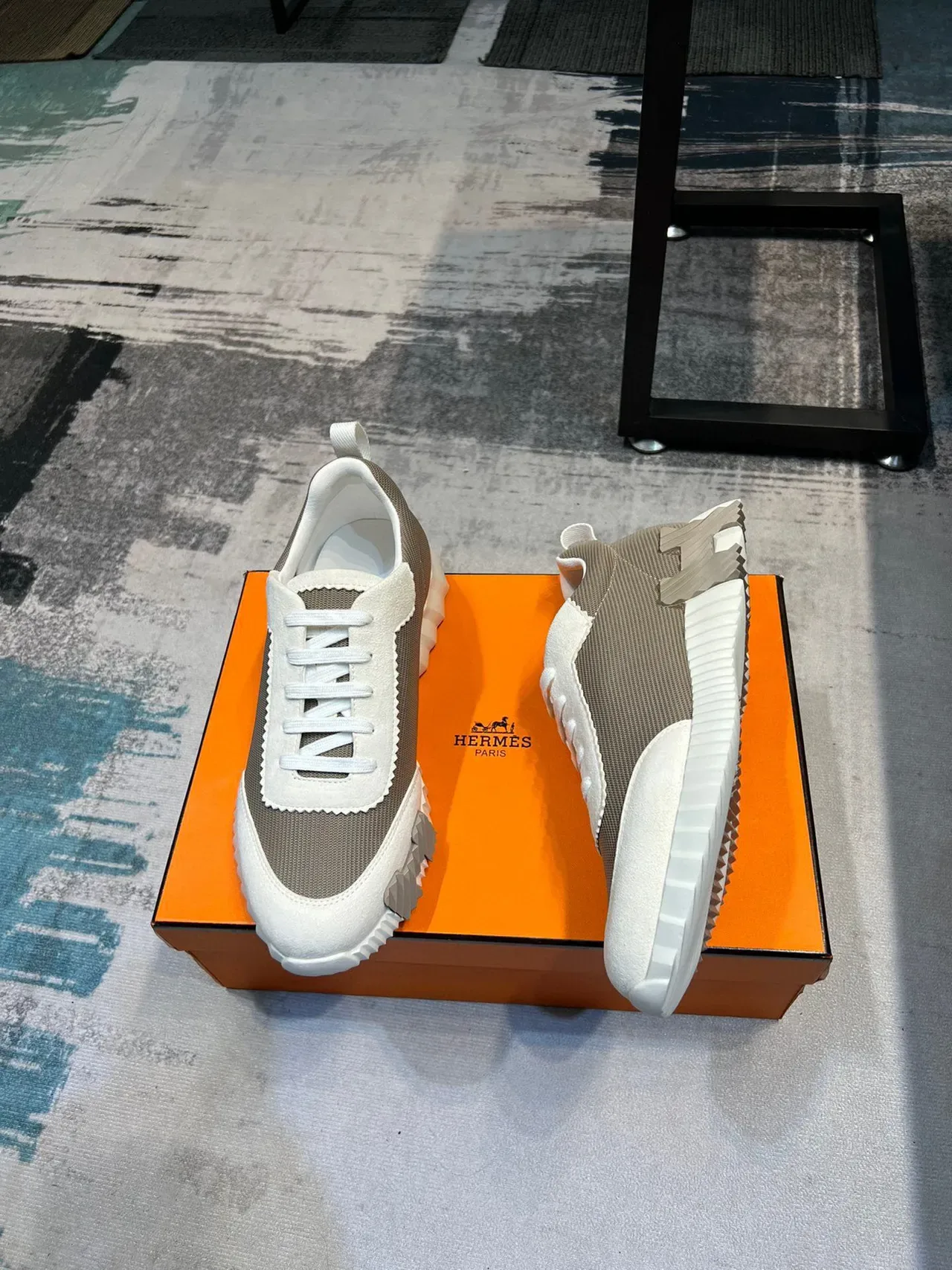 Hermès Beige White Sculpted Ridged Midsole Mesh And Suede Paneling Chunky Sneakers 5