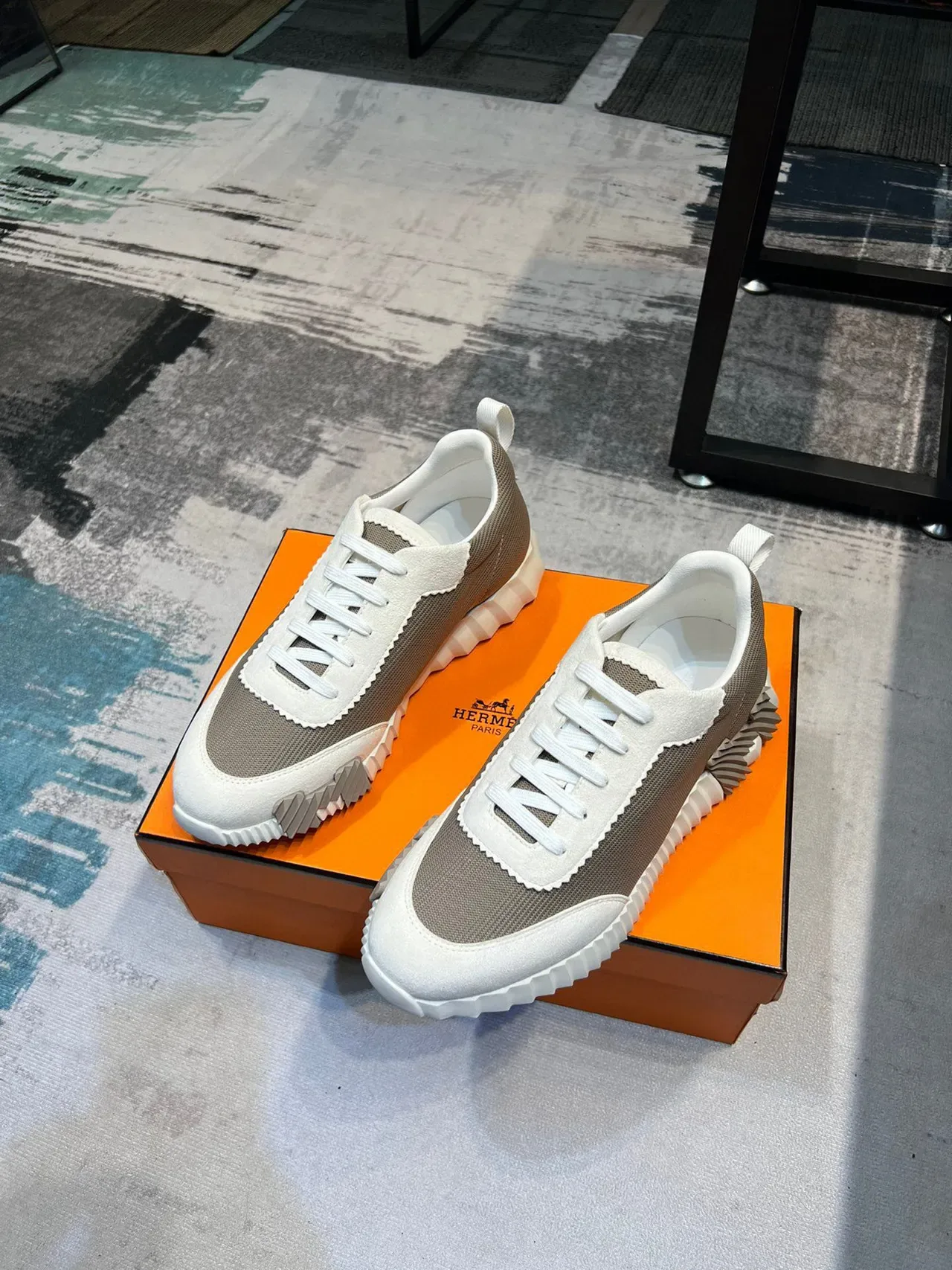Hermès Beige White Sculpted Ridged Midsole Mesh And Suede Paneling Chunky Sneakers 6