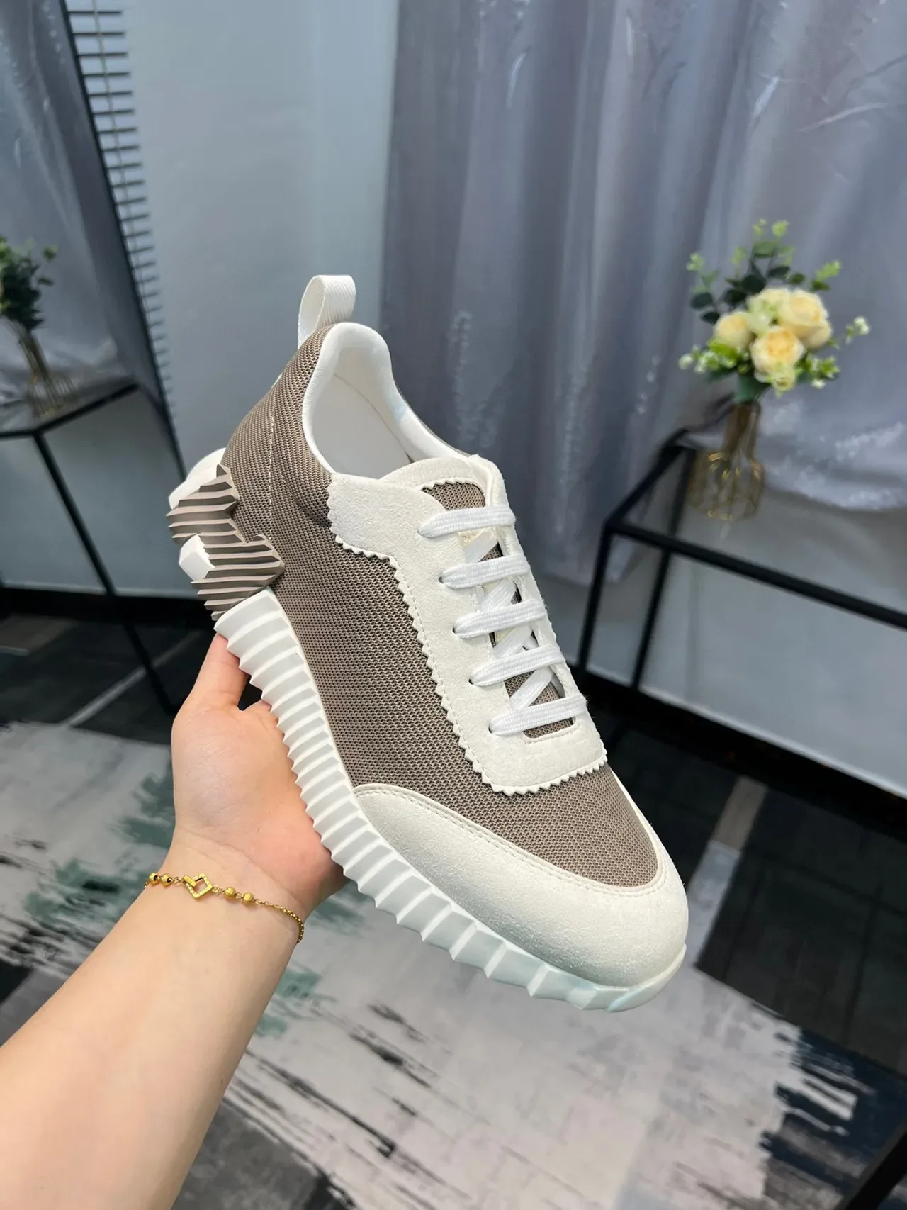 Hermès Beige White Sculpted Ridged Midsole Mesh And Suede Paneling Chunky Sneakers 7