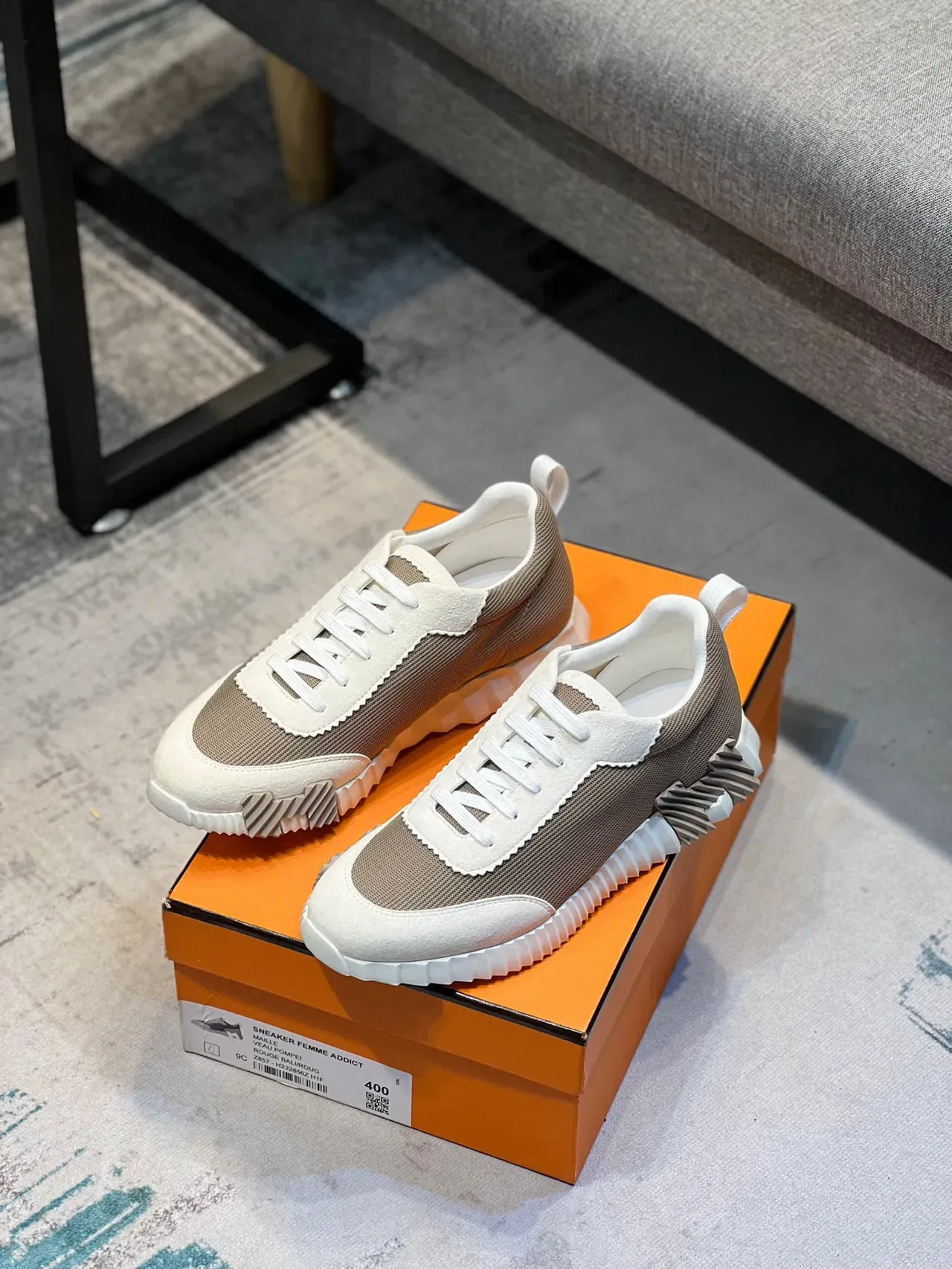 Hermès Beige White Sculpted Ridged Midsole Mesh And Suede Paneling Chunky Sneakers 8