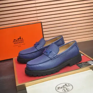 Hermès 蓝黑纹理皮革 H-Buckle 硬件 乐福鞋