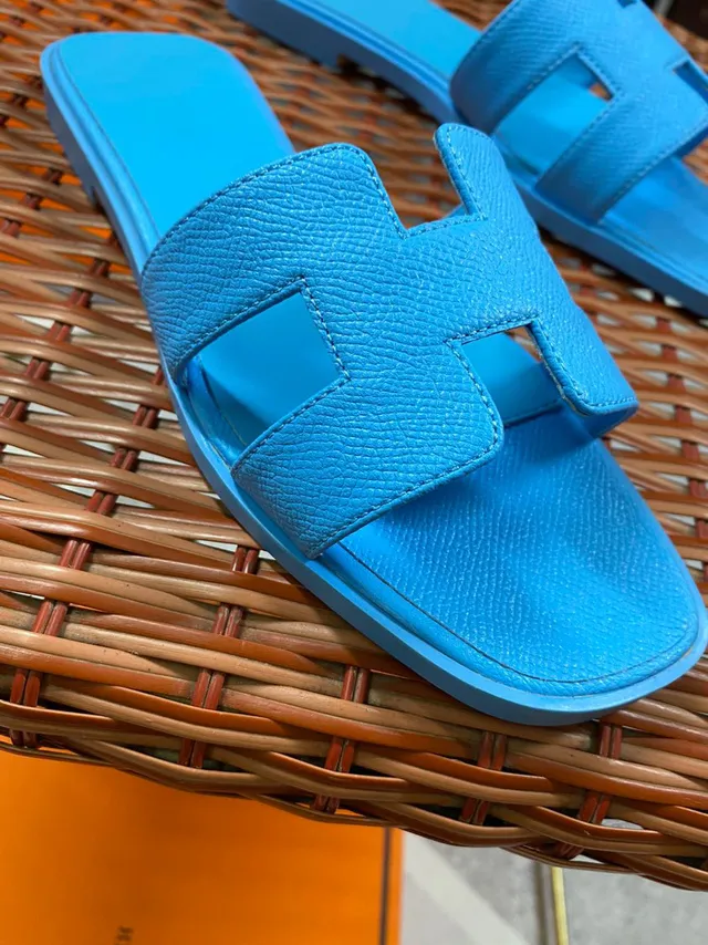 Hermès Blue H-Shaped Strap Textured Leather Slippers 6