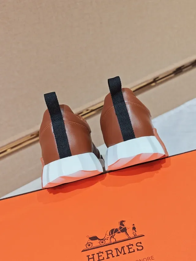 Hermès Brown White Leather Upper Textured Paneling Lifestyle Sneakers 3