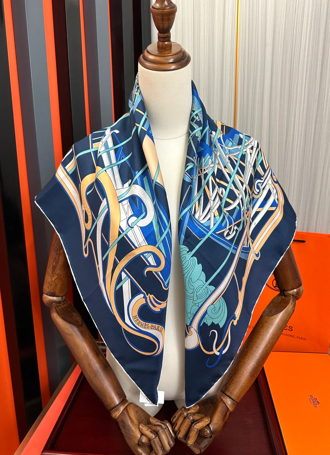 Hermès Carré Navy Gold Square Printed Harness Motif Silk Scarf 2