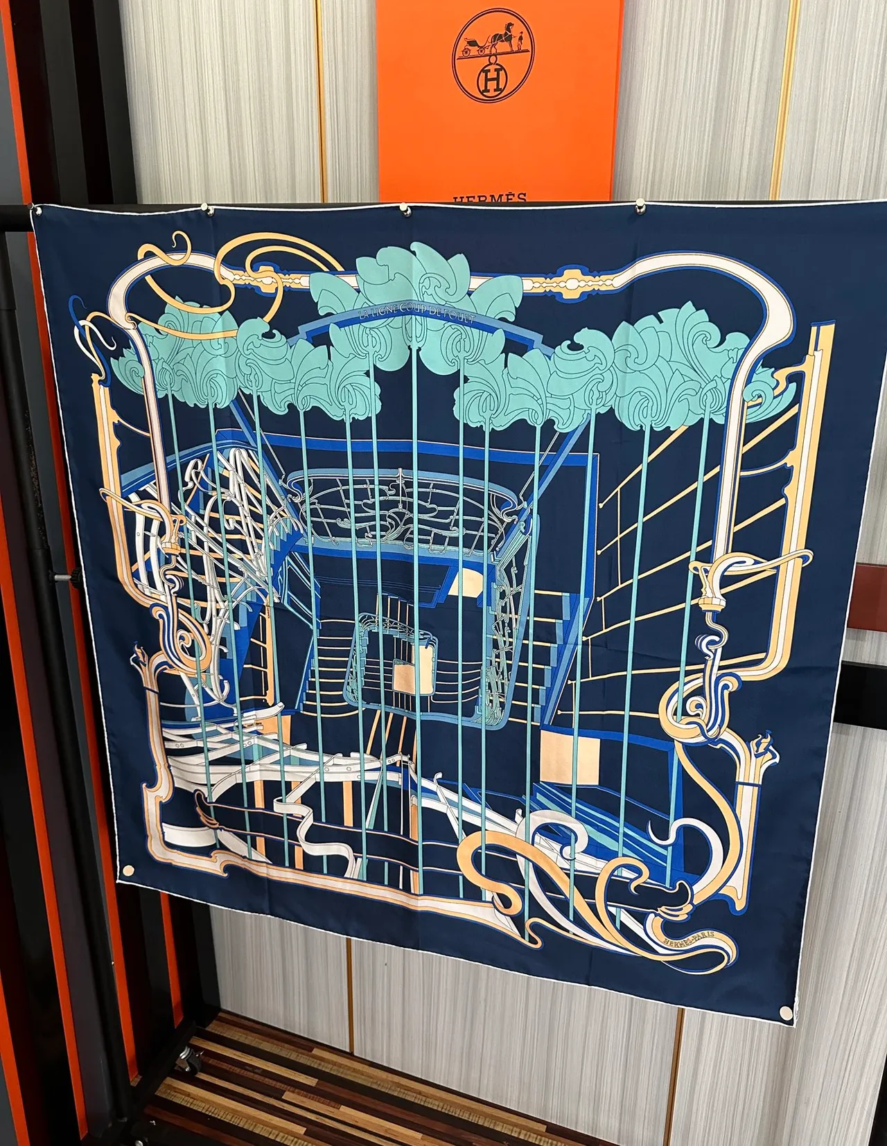 Hermès Carré Navy Gold Square Printed Harness Motif Silk Scarf 3