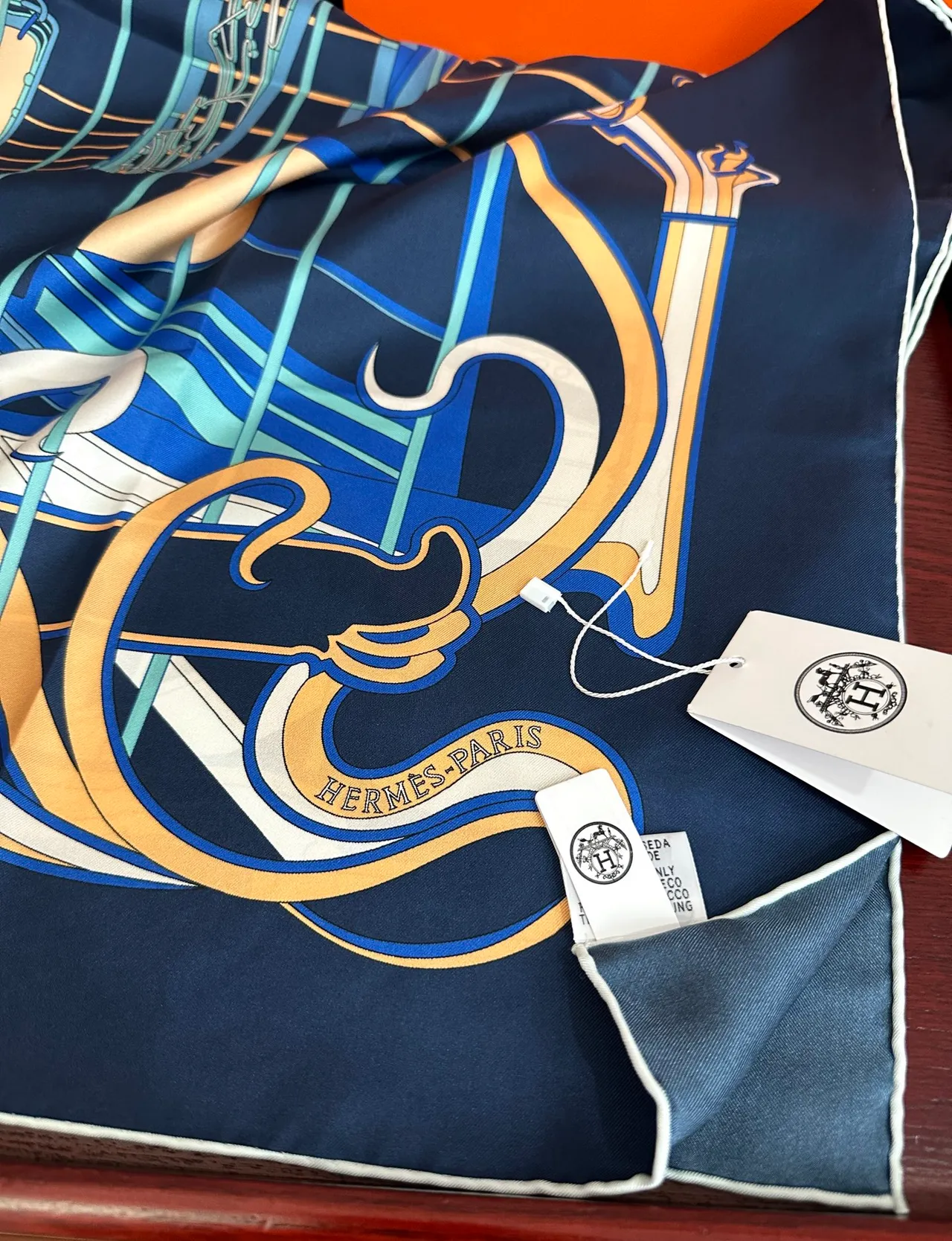 Hermès Carré Navy Gold Square Printed Harness Motif Silk Scarf 4