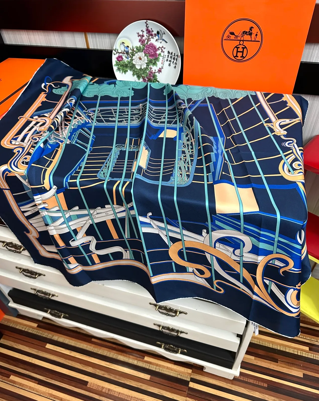 Hermès Carré Navy Gold Square Printed Harness Motif Silk Scarf 5