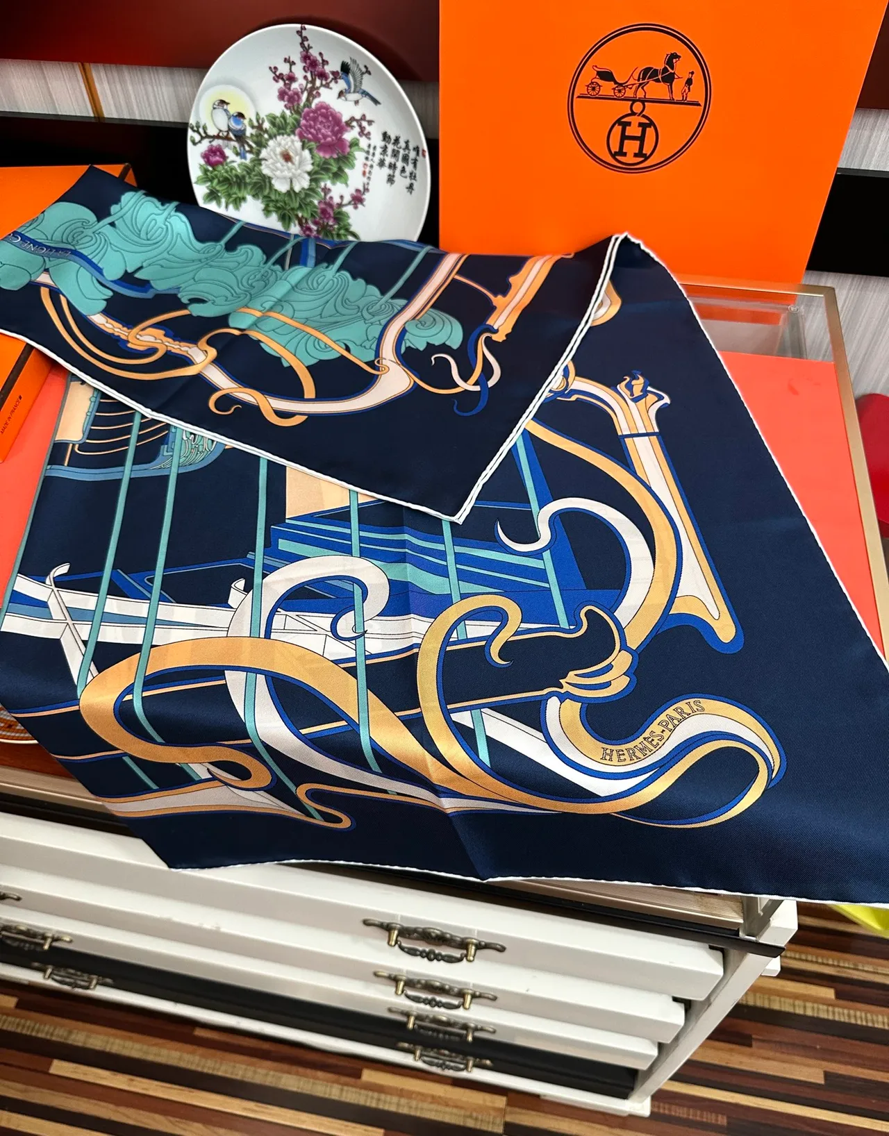 Hermès Carré Navy Gold Square Printed Harness Motif Silk Scarf 6