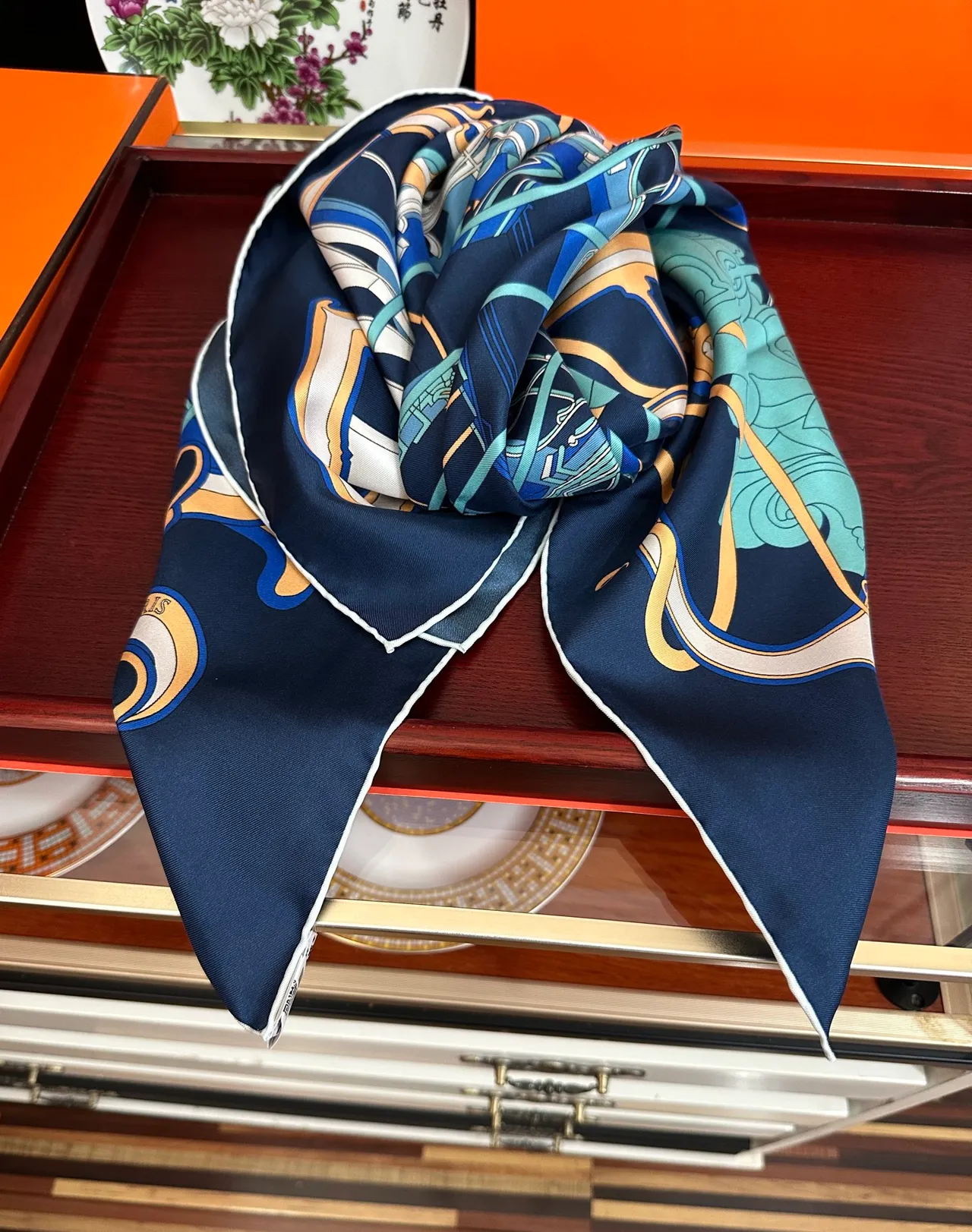 Hermès Carré Navy Gold Square Printed Harness Motif Silk Scarf 7