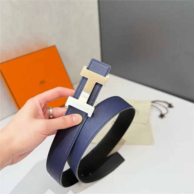 Cinto Hermès Constance reversível Navy e Beige de couro Epsom 12