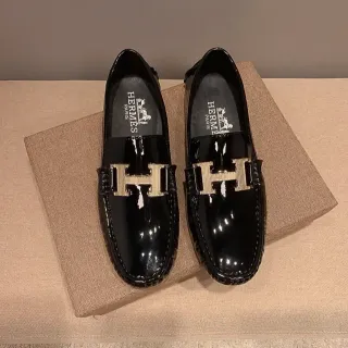 Hermès Constance 乐福鞋 黑色金色 专利皮革 金属 'H' 扣