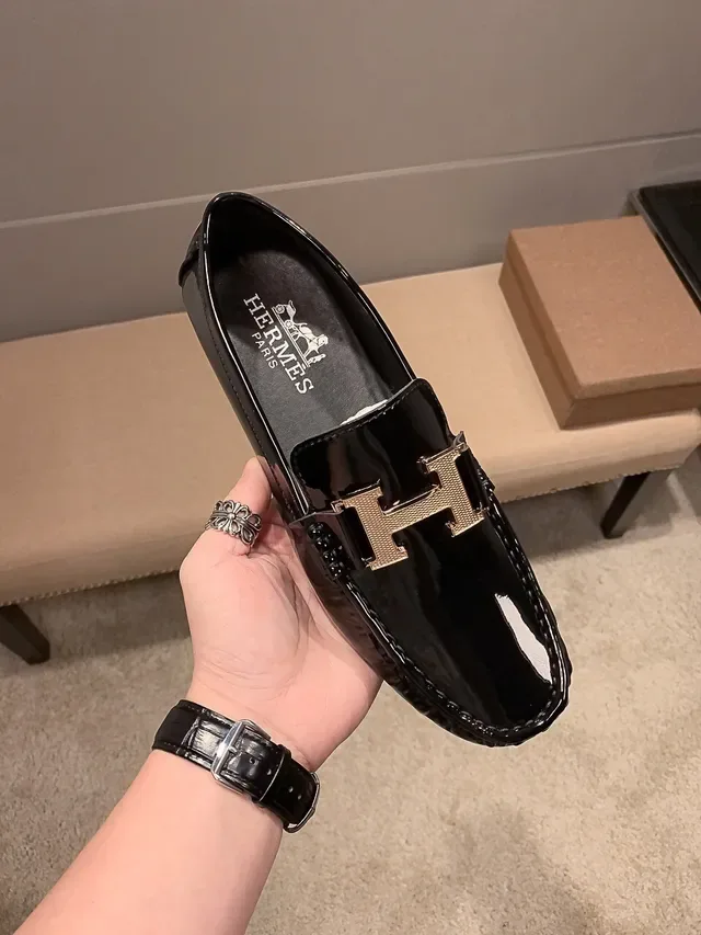Hermès Constance Loafer Black Gold Patent Leather Metal 'H' Buckle Loafer 8