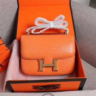 Hermès Constance Orange White Crocodile-Embossed Leather H-Shaped Metal Clasp Handbag