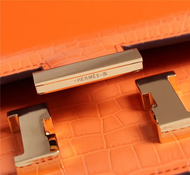 Hermès Constance Orange White Crocodile-Embossed Leather H-Shaped Metal Clasp Handbag 6