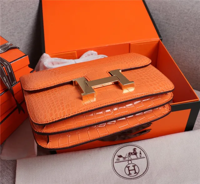 Hermès Constance Orange White Crocodile-Embossed Leather H-Shaped Metal Clasp Handbag 7
