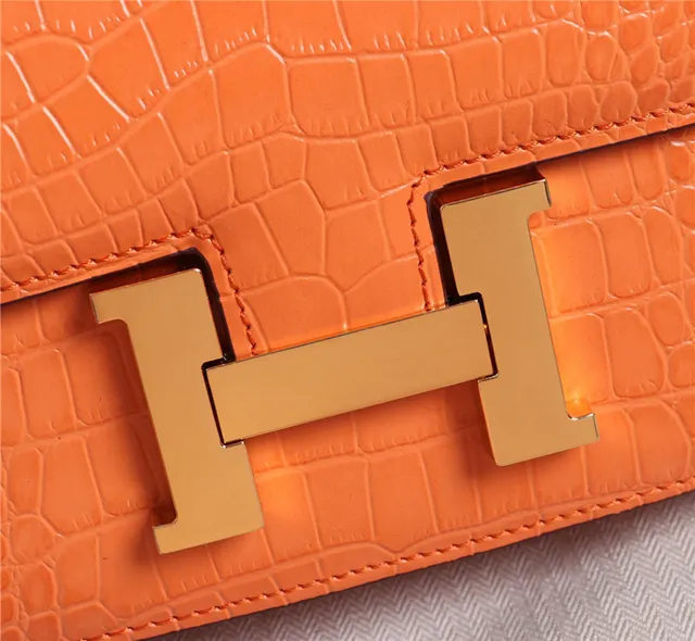 Hermès Constance Orange White Crocodile-Embossed Leather H-Shaped Metal Clasp Handbag 8