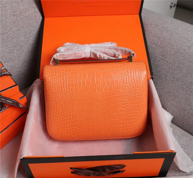Hermès Constance Orange White Crocodile-Embossed Leather H-Shaped Metal Clasp Handbag 9