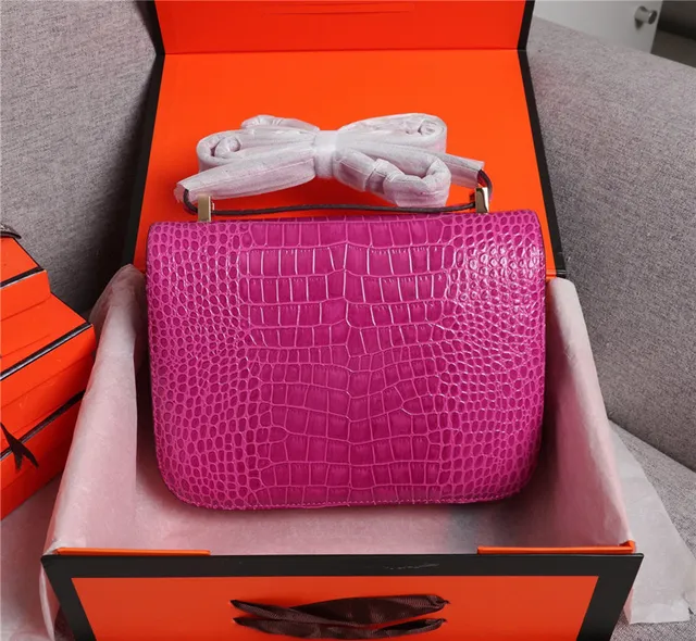Hermès Constance Orange White Crocodile-Embossed Leather H-Shaped Metal Clasp Handbag 14