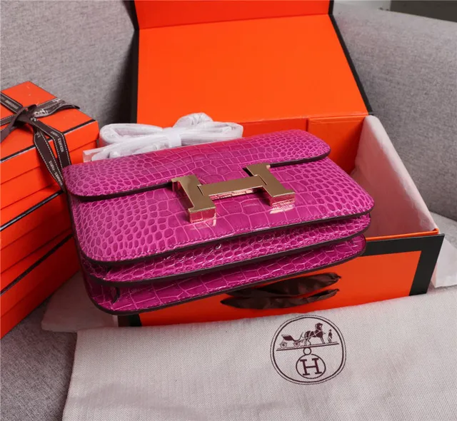 Hermès Constance Orange White Crocodile-Embossed Leather H-Shaped Metal Clasp Handbag 17