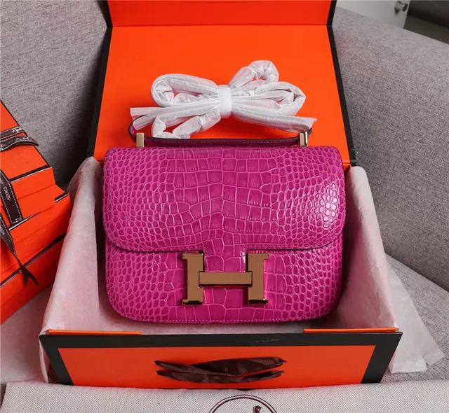Hermès Constance Orange White Crocodile-Embossed Leather H-Shaped Metal Clasp Handbag 18