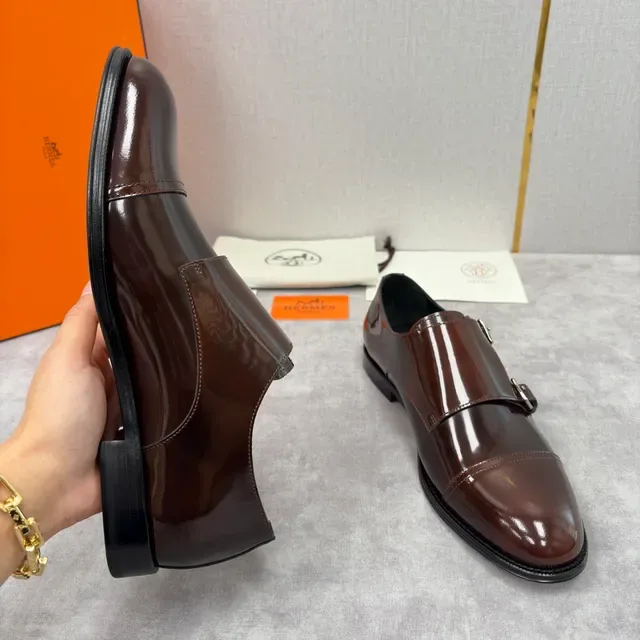 Hermès Double Monk Strap Brown Patent Leather Monk Shoes 4