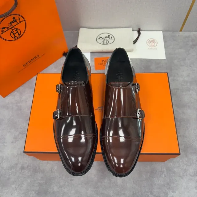 Hermès Double Monk Strap Brown Patent Leather Monk Shoes 5