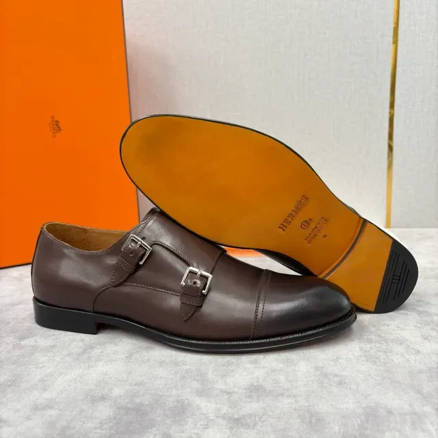 Hermès Double Monk Strap Cap Toe Brown Leather Monk Shoes 3