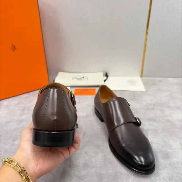 Hermès Double Monk Strap Cap Toe Brown Leather Monk Shoes 4