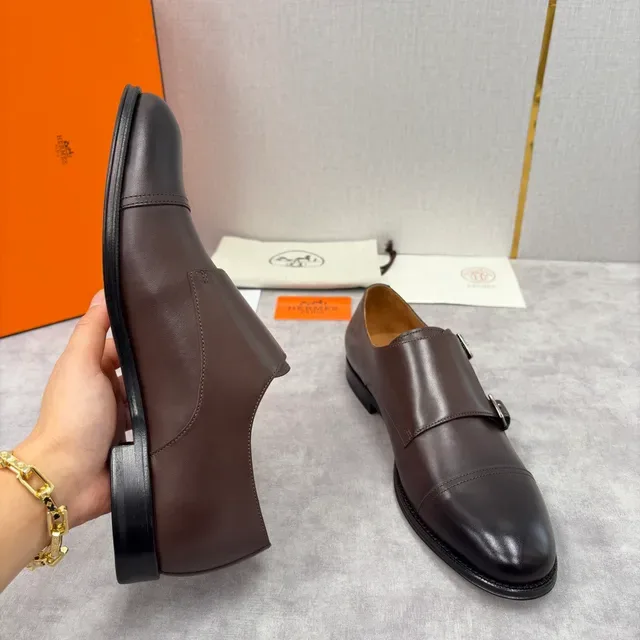 Hermès Double Monk Strap Cap Toe Brown Leather Monk Shoes 5
