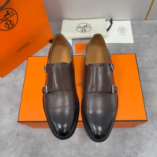 Hermès Double Monk Strap Cap Toe Brown Leather Monk Shoes 6