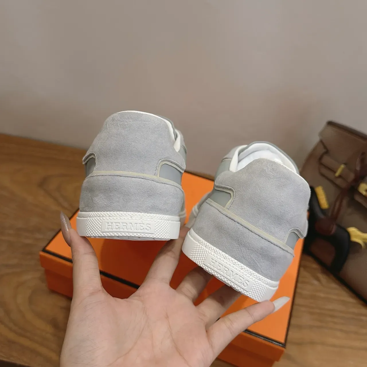 Hermès Gray White Low-Top Suede-and-Mesh Panelled Lifestyle Sneakers 2
