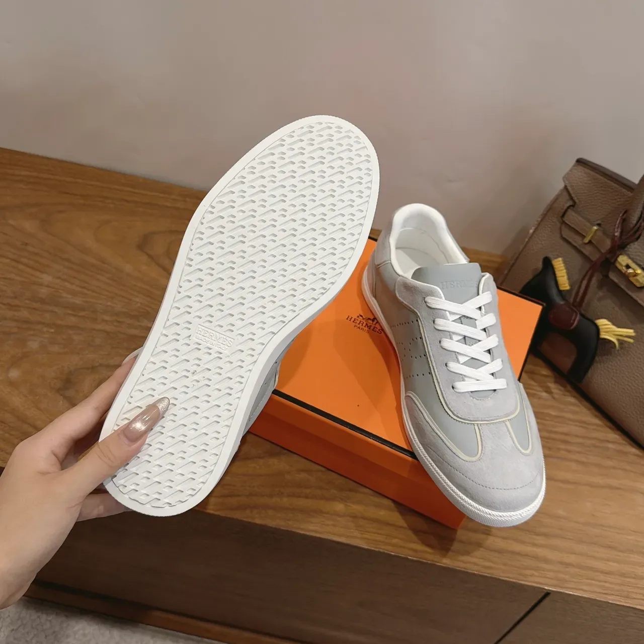 Hermès Gray White Low-Top Suede-and-Mesh Panelled Lifestyle Sneakers 3