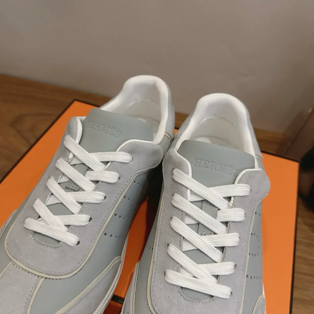Hermès Gray White Low-Top Suede-and-Mesh Panelled Lifestyle Sneakers 4