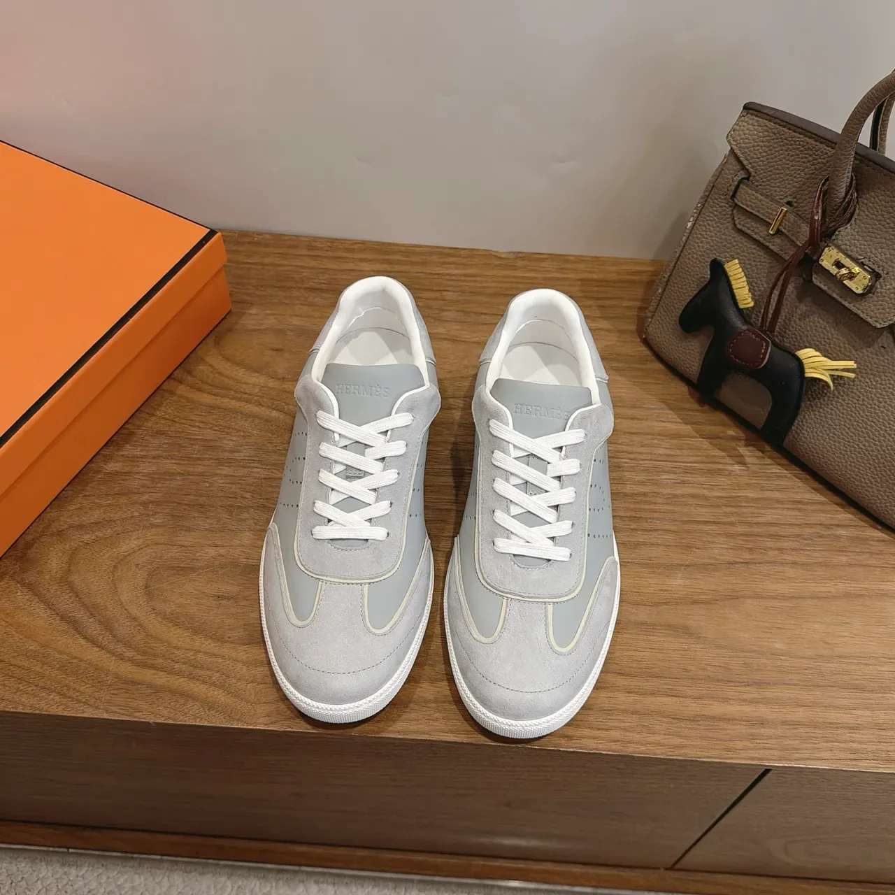 Hermès Gray White Low-Top Suede-and-Mesh Panelled Lifestyle Sneakers 5