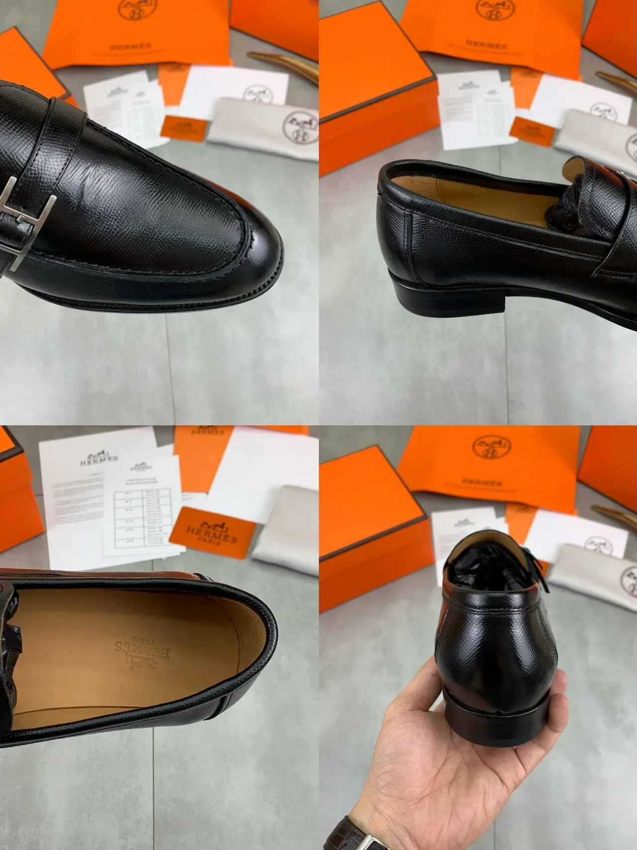 Hermès H Buckle কালো টেক্সচার্ড লেদার লুফার 2