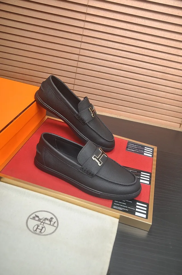 Hermès H Loafer কালো দানাদার চামড়া ধাতুর বাকল লুফার 6